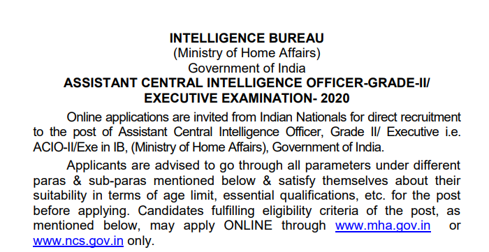 Intelligence Bureau ACIO Gr-II Recruitment Drive for 2000 Posts