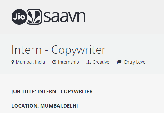 JioSaavn Off-Campus Recruitment Drive for Intern-Copywriter