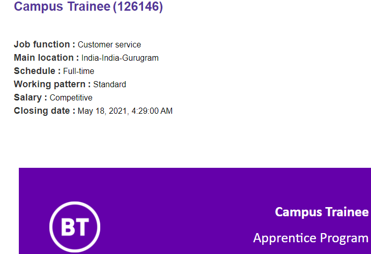 BT Hiring Campus Trainee