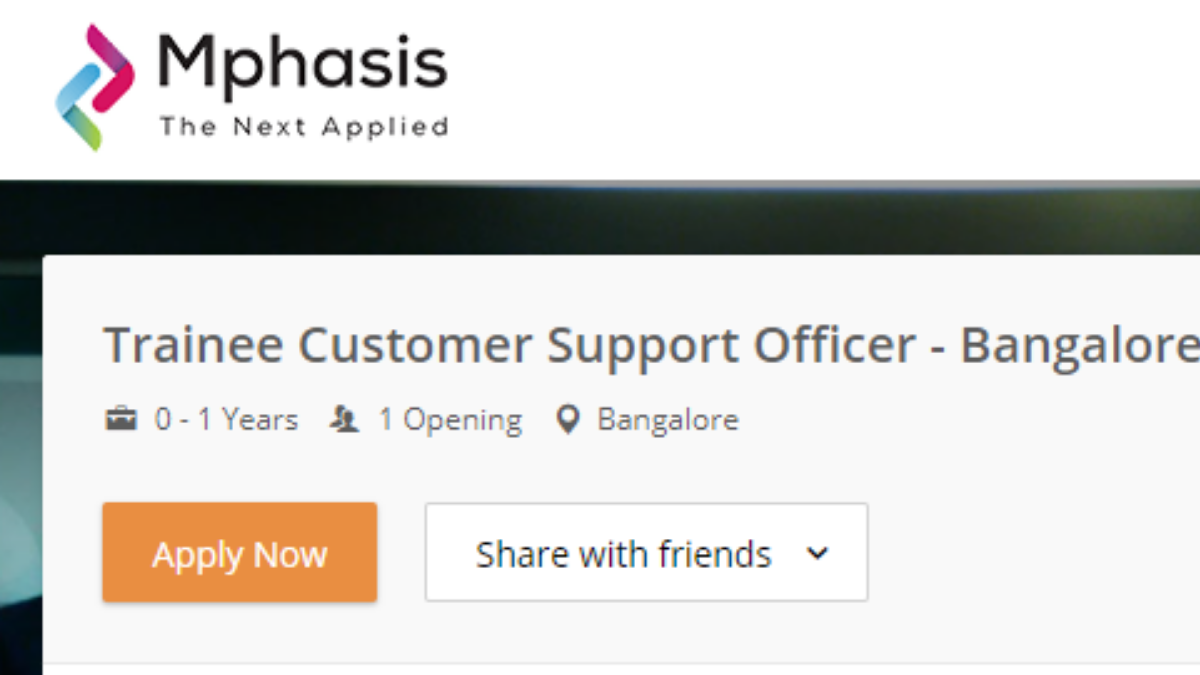 Mphasis Fresher Job for Trainee Customer Support Officer