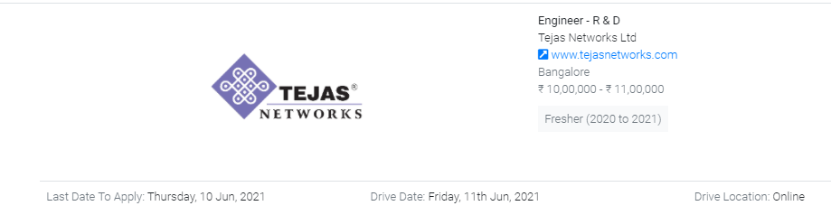 Tejas Networks Ltd Freshers Job