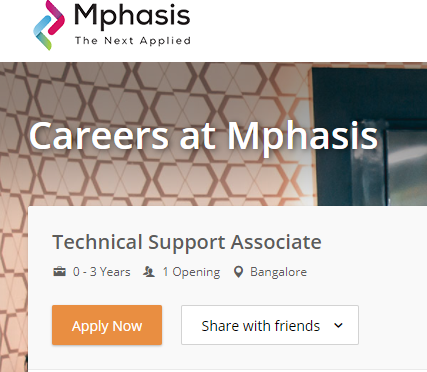 Mphasis Careers Hiring for Technical Support Associate