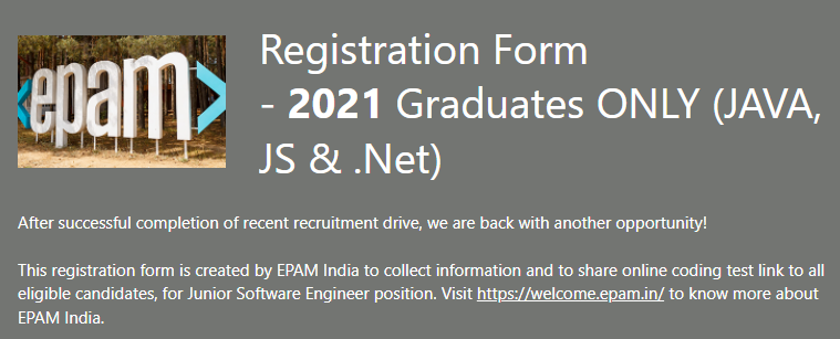 EPAM India Junior Software Engineer 2021