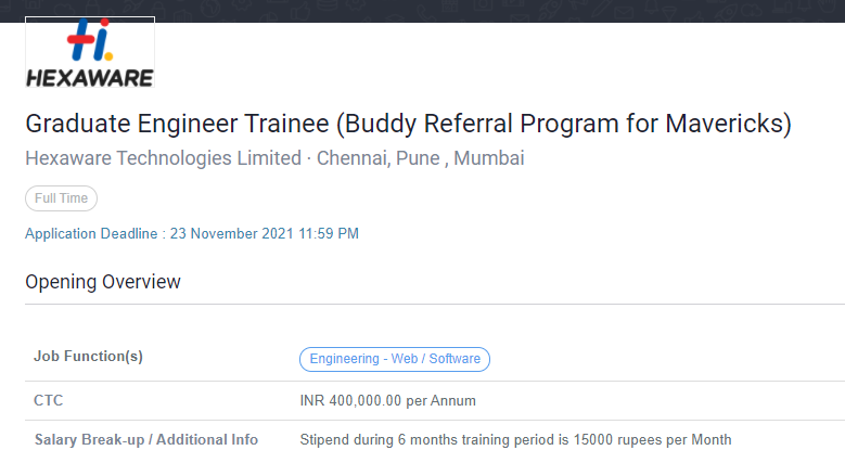 Hexaware Graduate Engineer Trainee (Buddy Referral Program for Mavericks)