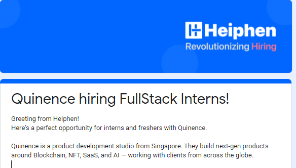 Quinence Careers Freshers Hiring for FullStack Interns