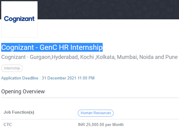 Cognizant GenC HR Internship