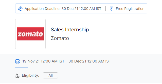 Zomato Freshers Job Opening for Sales Internship