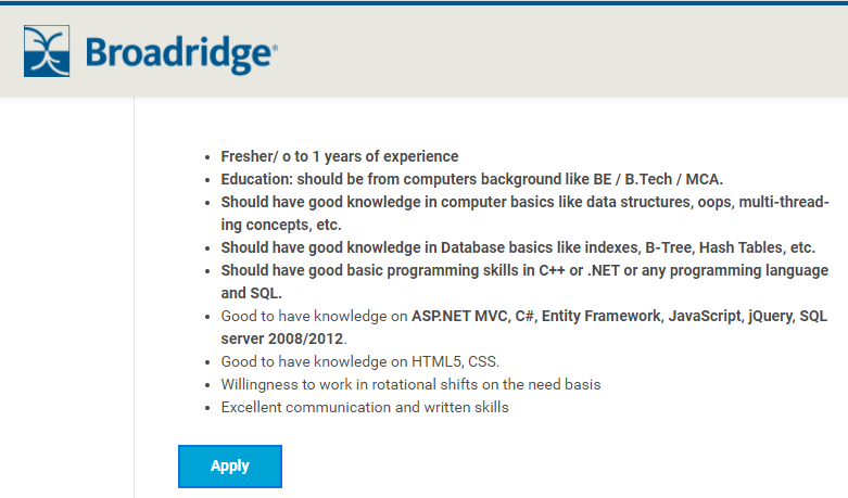 Broadridge Freshers Job Opportunity