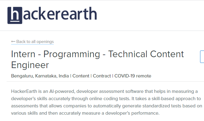 Hackerearth Freshers Job Opportunity for Intern-Programming Technical Content Engineer