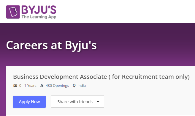 Byju’s Freshers Business Development Associate Recruitment Drive