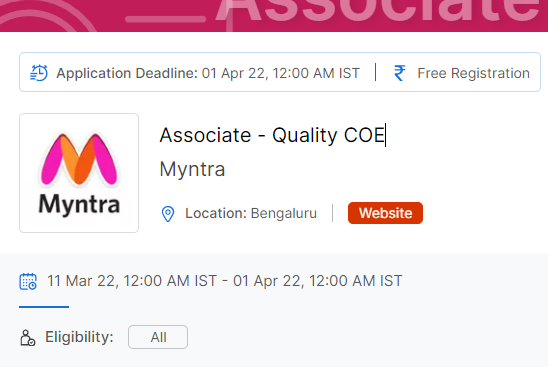 Myntra Freshers Job Opportunity as Associate - Quality COE