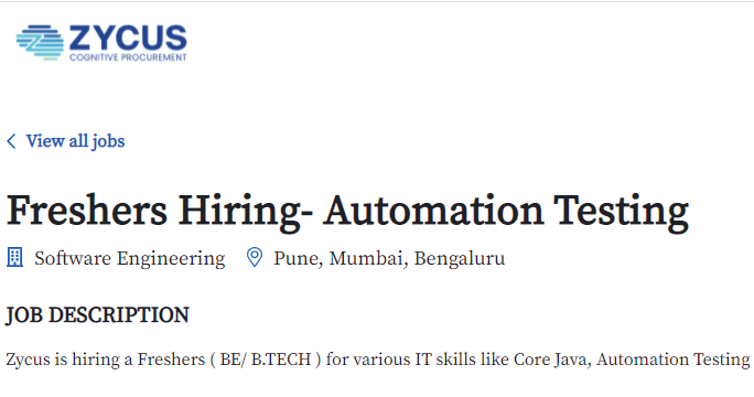 Zycus Freshers Automation Testing Recruitment Drive