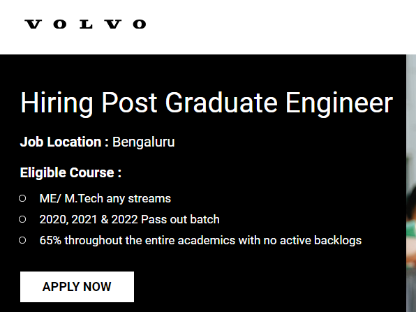 Volvo Freshers Hiring as Post Graduate Engineer