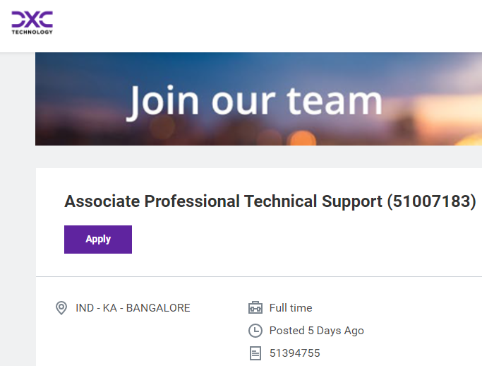 DXC Technology Freshers Job Update for Associate Professional Technical Support