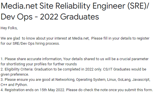 Media.net Freshers 2022 Hiring as Reliability Engineer (SRE)