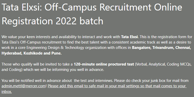 Tata Elxsi Off-Campus Recruitment Online Registration