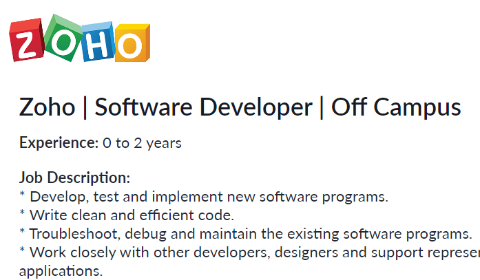 Zoho Careers Off Campus Drive for Software Developer