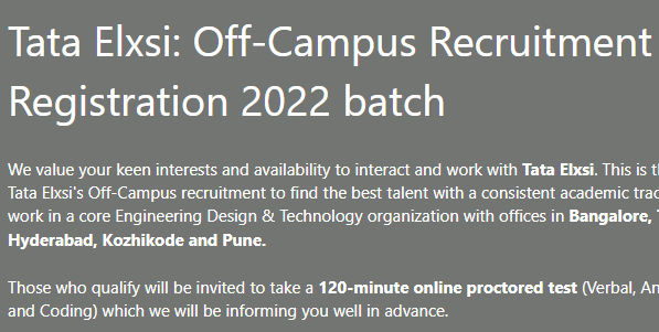 Tata Elxsi Off-Campus Recruitment