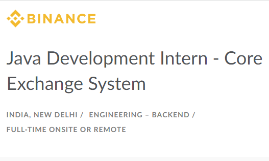 Binance Careers Java Development Intern-Core Exchange System Recruitment Drive