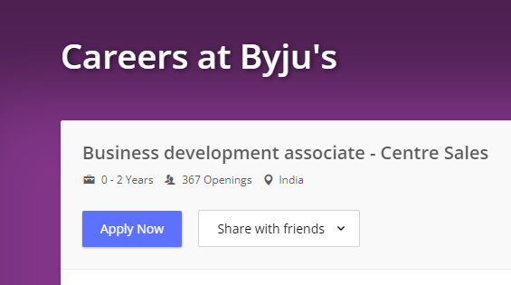 Byju's Pan India Recruitment for Business development associate