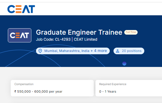 CEAT Pan India Fresher Hiring for Graduate Engineer Trainee