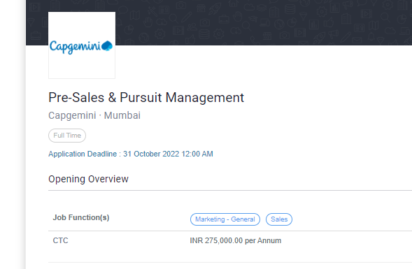 Capgemini Pre-Sales & Pursuit Management Recruitment Drive