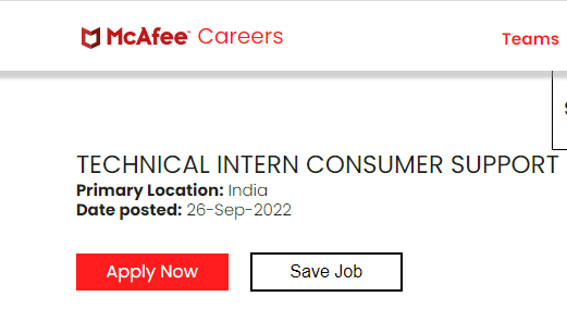 McAfee Careers Pan India Fresher Remote Job Opening as Technical Intern Consumer Support