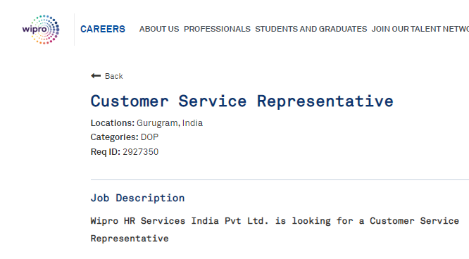 Wipro Fresher & Experience Hiring for Customer Service Representative