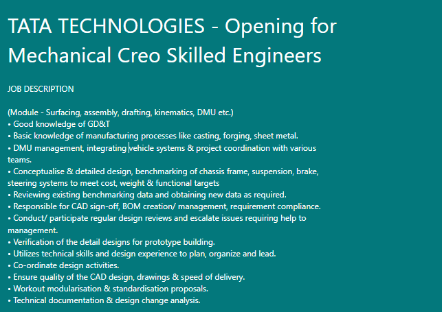 TaTa Technologies Opening for Mechanical Creo Skilled Engineers