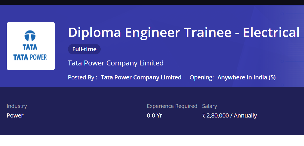 TaTa Power Careers Fresher hiring for Dipolma Engineer Trainee Electrical